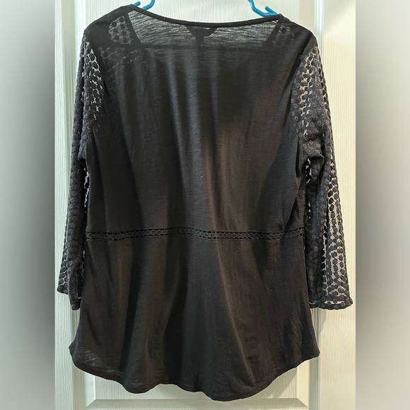 NWT Lucky Brand 3/4 Sleeve Semi Sheer Mixed Motif Embroidered Black Lace Top - Picture 3 of 7